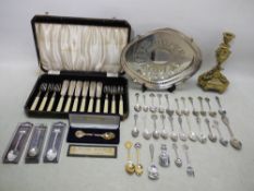 Lot to include plated ware, brass candlestick, set of fish cutlery.