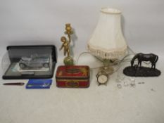 A mixed lot to include onyx table lamp, similar candlestick (A/F),