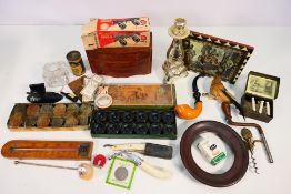 A mixed lot to include vintage draughts, boxed Spectacles Binocular, glass inkwell,