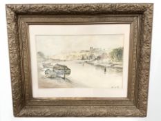 Thomas Swift Hutton (1860-1935) Rowing boats moored at low tide with Tynemouth Priory beyond,