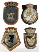 * Withdrawn * Four cast and painted metal naval plaques, on wooden shield backings,