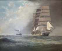 Fred Tordoff : A three masted sailing ship in full sail with a fishing trawler following behind,