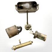 A banker's-style desk lamp, height 38cm, a copper electric torch,