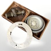 A John Lilley & Gillie Ltd ship's compass in teak case, diameter 26cm, a rifle sighting dial,