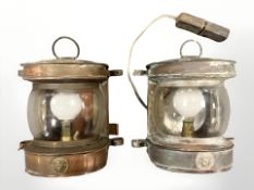Two copper-cased Seahorse ship's lamps, wired for electricity, height 15cm.