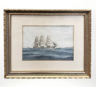 J Eade (fl. late 19th century) A three masted ship at full sail, watercolour, 25 cm x 35 cm.
