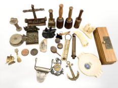 Nautical collectables to include wooden and brass paperweights, miniature anchors,