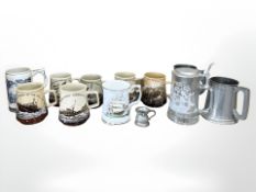 A collection of mostly nautical-themed mugs, pewter tankards, etc.