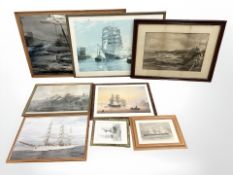 A group of maritime pictures and prints, monochrome engraving after J. D.