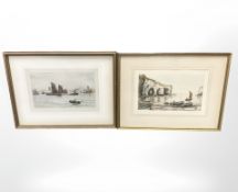 Henry G Walker : Fishing boats at sea, engraving with hand colouring, 17 cm x 18 cm,