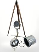 A large teak tripod with threaded fitting to receive a lamp, height 152cm,