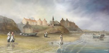 Fred Tordoff : Fisher folk on a beach with jetty beyond, oil on canvas, 60 cm x 120 cm.