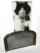 A scumbled overmantle mirror, width 88 cm, and a painted glass panel.