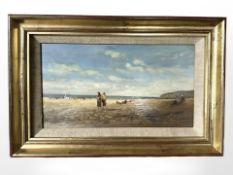 J Hooke : Figures walking on a beach, oil on panel, 15 cm x 27 cm.