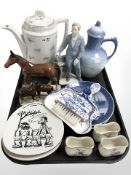 Bing & Grondal porcelain teapot, Delft brush and scoop, horse figures,
