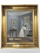 Danish School : Lady in a white dress by a window, oil on canvas, 39 cm x 48 cm.