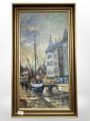 Danish School : Figures by a canal, oil on canvas, 33 cm x 64 cm.