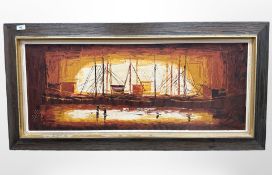 Danish School : A boat at sunset, oil on canvas, 99 cm x 39 cm.