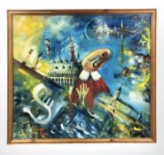 Antoni Sulek (1951-1988) Abstract figure amongst buildings, oil on board,