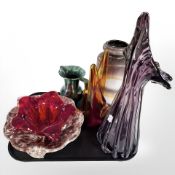 A group of studio glass vases and bowls,