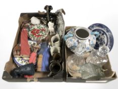 A group of crystal decanters, decorative plates, Soul Journeys Maasai figures,