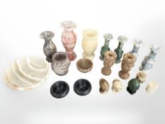 A group of polished hard stone and onyx ornaments, decorative bowl,