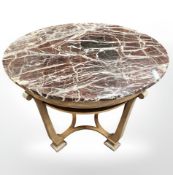 A continental walnut circular occasional table with polished granite top, diameter 90 cm.