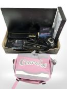 An LG monitor, Kodak brownie camera, Hawke spotting scope, TV box, collapsible tripod, etc.