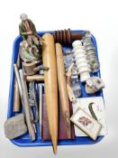 A gemstone specimen glass and ceramic radio insulators, rustic wooden pipe, boxed bezique markers,