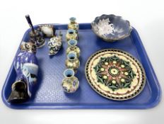 A group of cloisonne enamel ornaments, five miniature vases, plate, bowl, owl figure, etc.