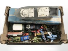 Assorted play worn die cast vehicles, a boxed RAF twin screw crash tender model boat, etc.