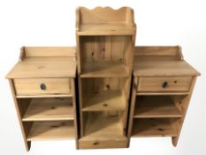 A pair of modern pine bedside stands and an open bookcase