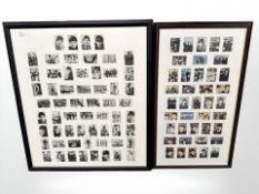 A montage of framed 1960's bubblegum cards, all relating to The Beatles, in two frames,