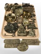 Brass wares including miniature cannon, correspondence rack, plaques, etc.