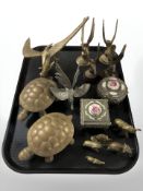 A group of brass and silver plate bird ornaments, pair of brass tortoise lidded boxes,