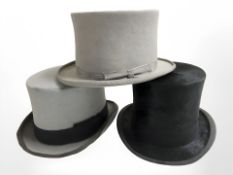 A gent's black silk top hat retailed by Alfred Pellett Limited, and two further grey felt examples.