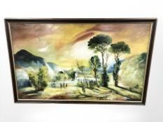 Antoni Sulek (1951-1988) Figures amongst trees at sunset with a bridge beyond, oil on board,