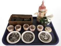 A set of dominoes in box, polished onyx Turkish style coffee pot and cups,