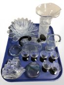 Scandinavian glass wares, six etched drinking glasses, Julia Donnelly iridescent glass vase,