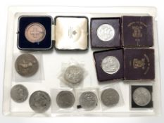 A group of crowns, two 1951 Festival of Britain coins, French medallion,