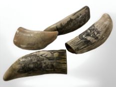 Four resin scrimshaw style ornaments with pen work decoration, longest 16 cm.