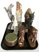 A quantity of wooden and composition animal ornaments, eastern style statues,