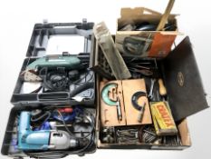 A boxed Bosch sander, Makita drill, various drill bits,