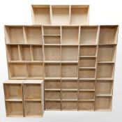 A group of plywood open shelves.