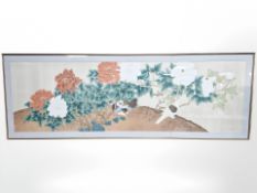 Contemporary Chinese School : Birds sheltering amidst foliage, watercolour on silk, 52 cm x 170 cm.