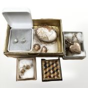 A 9ct gold-mounted cameo brooch, pair of similar earrings,
