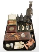 Oriental export items including carved soapstone desk seals, miniature four fold lacquered screen,