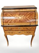 A continental kingwood veneered and satinwood inlaid cylinder front bureau, 76 cm x 47 cm x 100 cm.