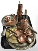 Metal wares including brass charger, copper chocolate pot and ladle,