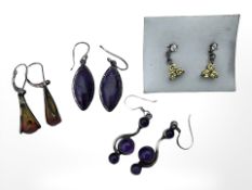 Four pairs of silver earrings including amber,